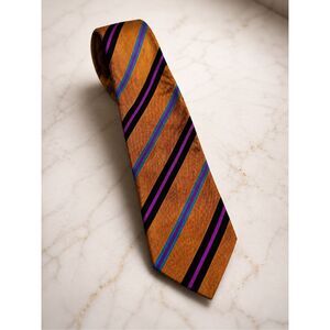 Bijan Silk Repp Stripe Tie Gold Orange Purple Blue Luxury Designer Necktie Made